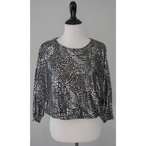 Vtg 90s CINDY COLLINS Silver Black Metallic Elastic Waist Cuff Top Shirt Size L